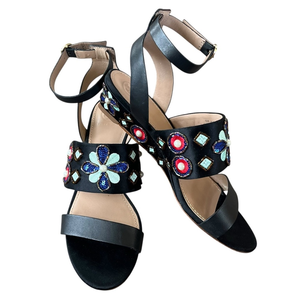 Tory Burch Estella Embellished Wedge Sandals Sequins & Embroidery Size 7M